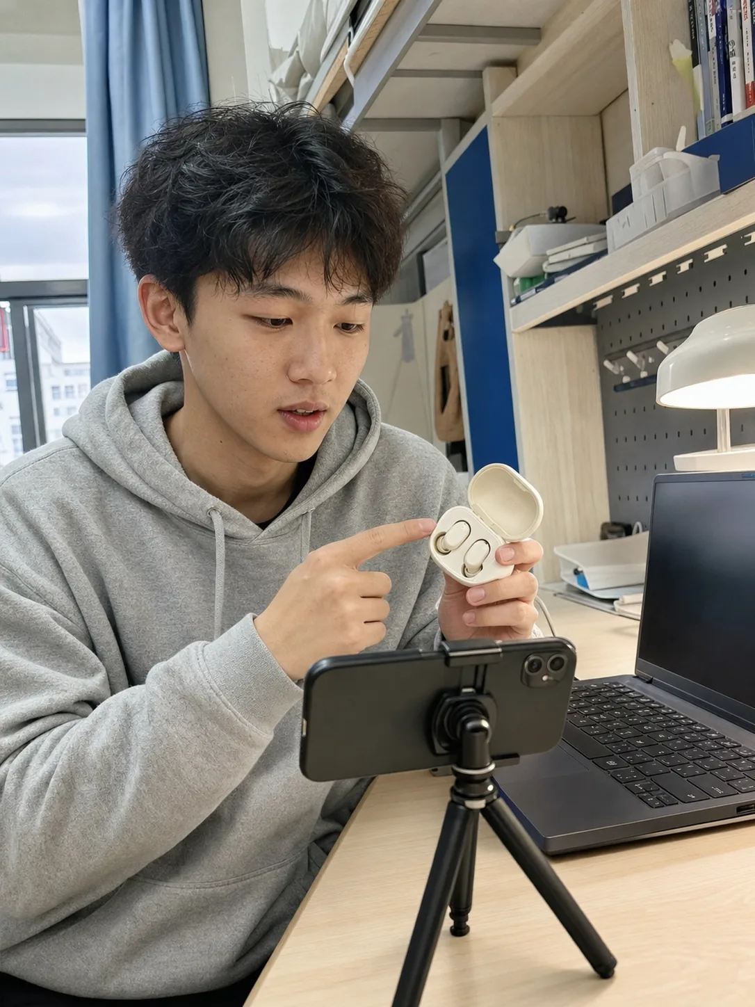 中国男大学生在宿舍拍摄无线耳机数码评测